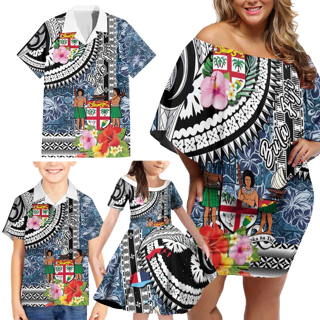 Fiji Day Family Matching Off Shoulder Short Dress and Hawaiian Shirt Traditional Tapa with Hibiscus and Emblems LT03 - Polynesian Pride