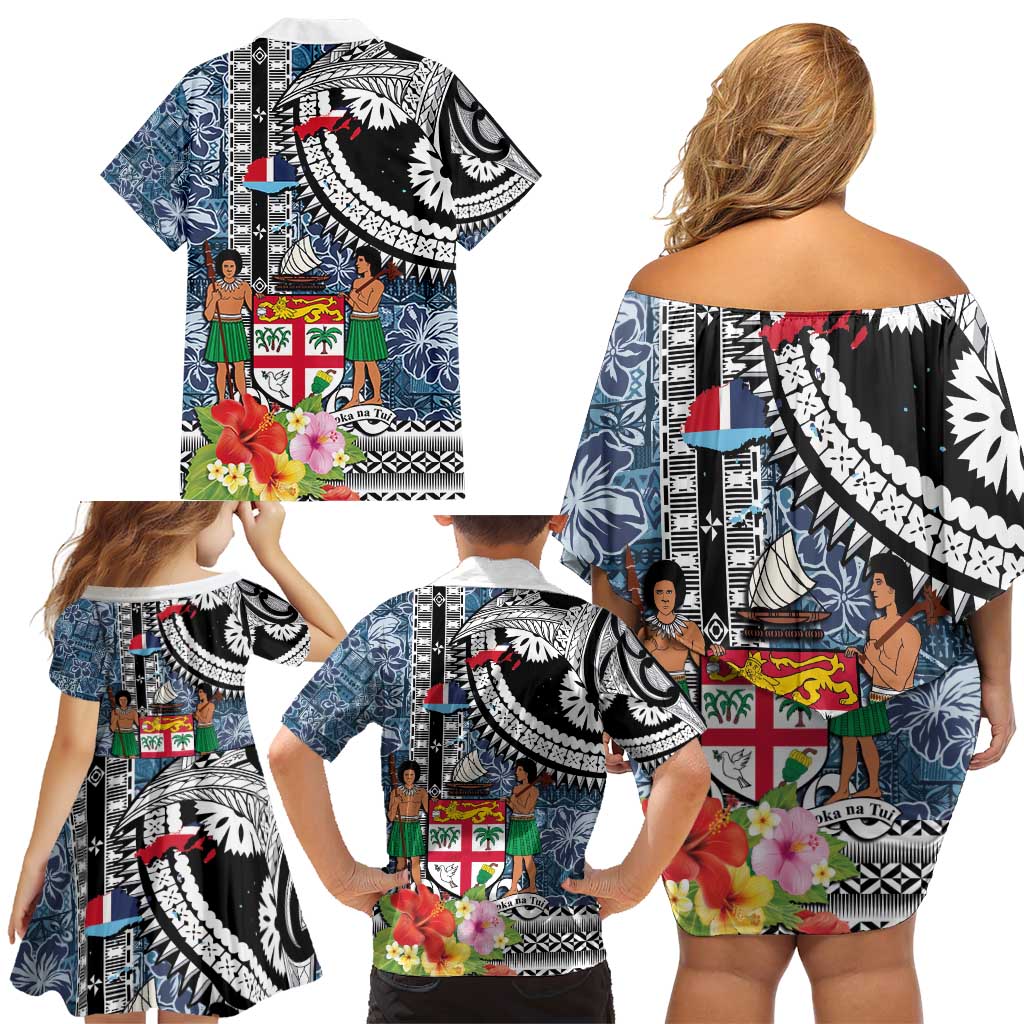 Fiji Day Family Matching Off Shoulder Short Dress and Hawaiian Shirt Traditional Tapa with Hibiscus and Emblems LT03 - Polynesian Pride