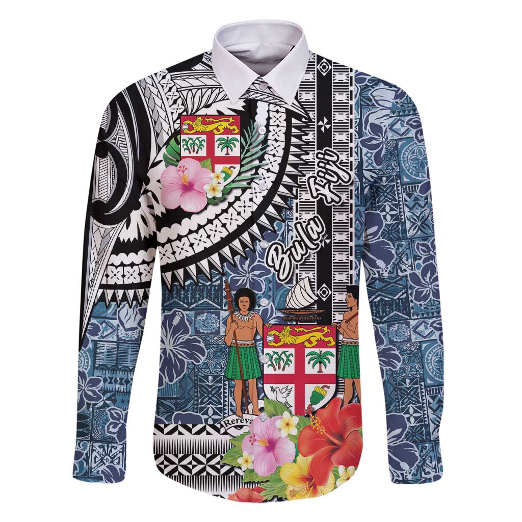 Fiji Day Family Matching Off Shoulder Short Dress and Hawaiian Shirt Traditional Tapa with Hibiscus and Emblems LT03 Dad's Shirt - Long Sleeve - Polynesian Pride