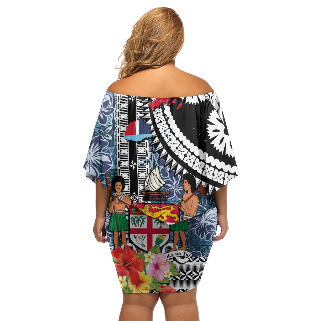 Fiji Day Family Matching Off Shoulder Short Dress and Hawaiian Shirt Traditional Tapa with Hibiscus and Emblems LT03 - Polynesian Pride