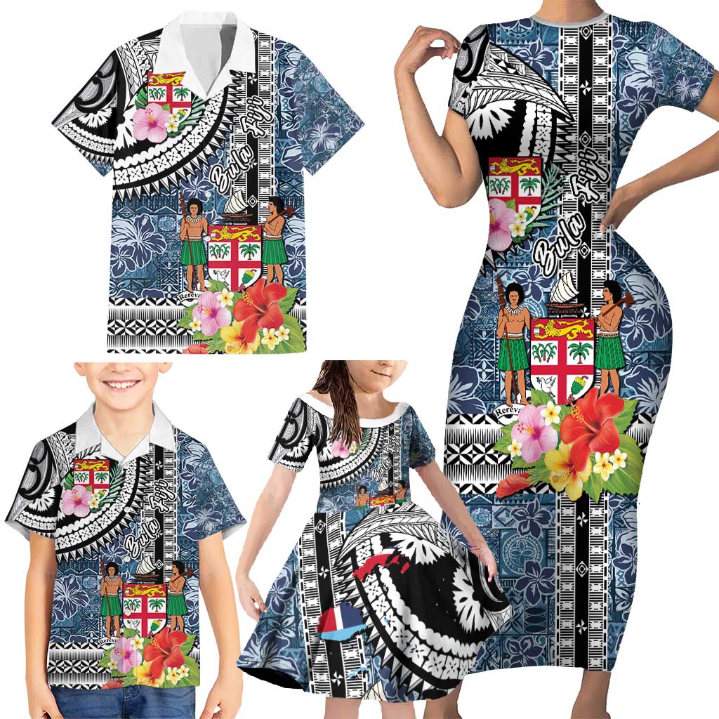 Fiji Day Family Matching Short Sleeve Bodycon Dress and Hawaiian Shirt Traditional Tapa with Hibiscus and Emblems LT03 - Polynesian Pride