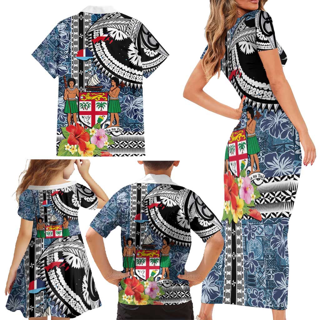 Fiji Day Family Matching Short Sleeve Bodycon Dress and Hawaiian Shirt Traditional Tapa with Hibiscus and Emblems LT03 - Polynesian Pride