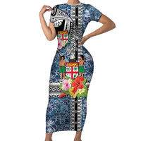 Fiji Day Family Matching Short Sleeve Bodycon Dress and Hawaiian Shirt Traditional Tapa with Hibiscus and Emblems LT03 Mom's Dress - Polynesian Pride