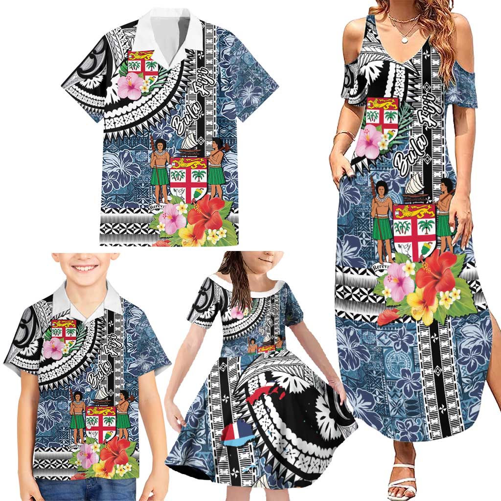 Fiji Day Family Matching Summer Maxi Dress and Hawaiian Shirt Traditional Tapa with Hibiscus and Emblems LT03 - Polynesian Pride
