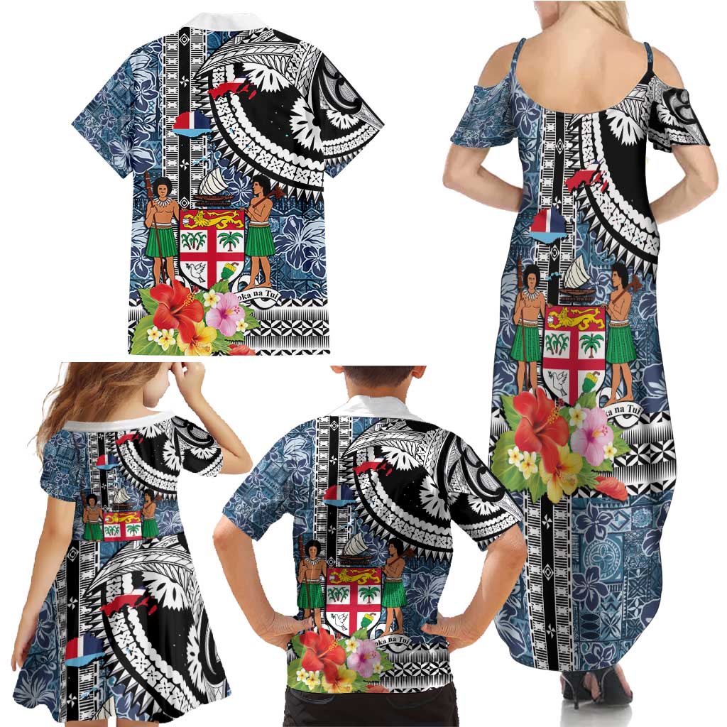 Fiji Day Family Matching Summer Maxi Dress and Hawaiian Shirt Traditional Tapa with Hibiscus and Emblems LT03 - Polynesian Pride