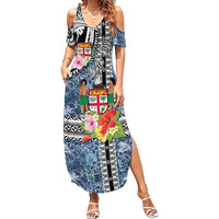 Fiji Day Family Matching Summer Maxi Dress and Hawaiian Shirt Traditional Tapa with Hibiscus and Emblems LT03 Mom's Dress - Polynesian Pride