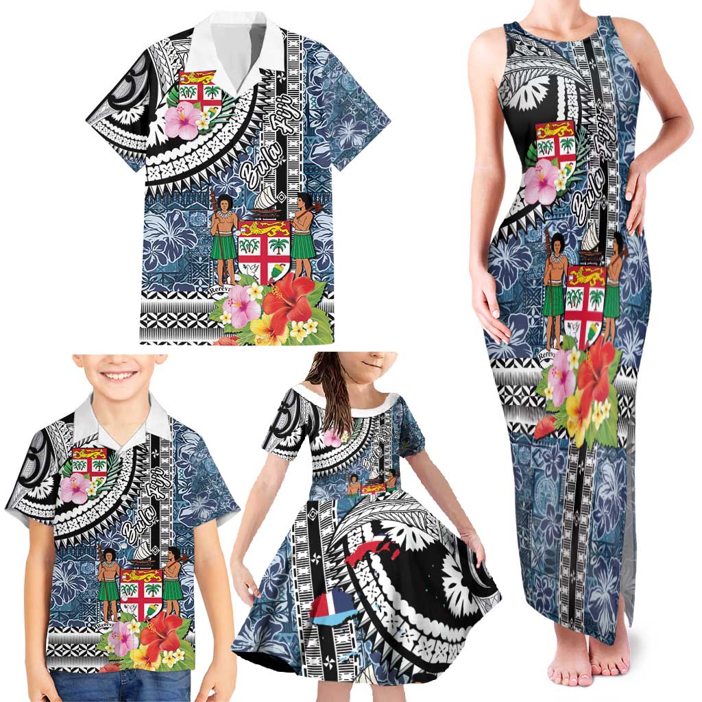 Fiji Day Family Matching Tank Maxi Dress and Hawaiian Shirt Traditional Tapa with Hibiscus and Emblems LT03 - Polynesian Pride