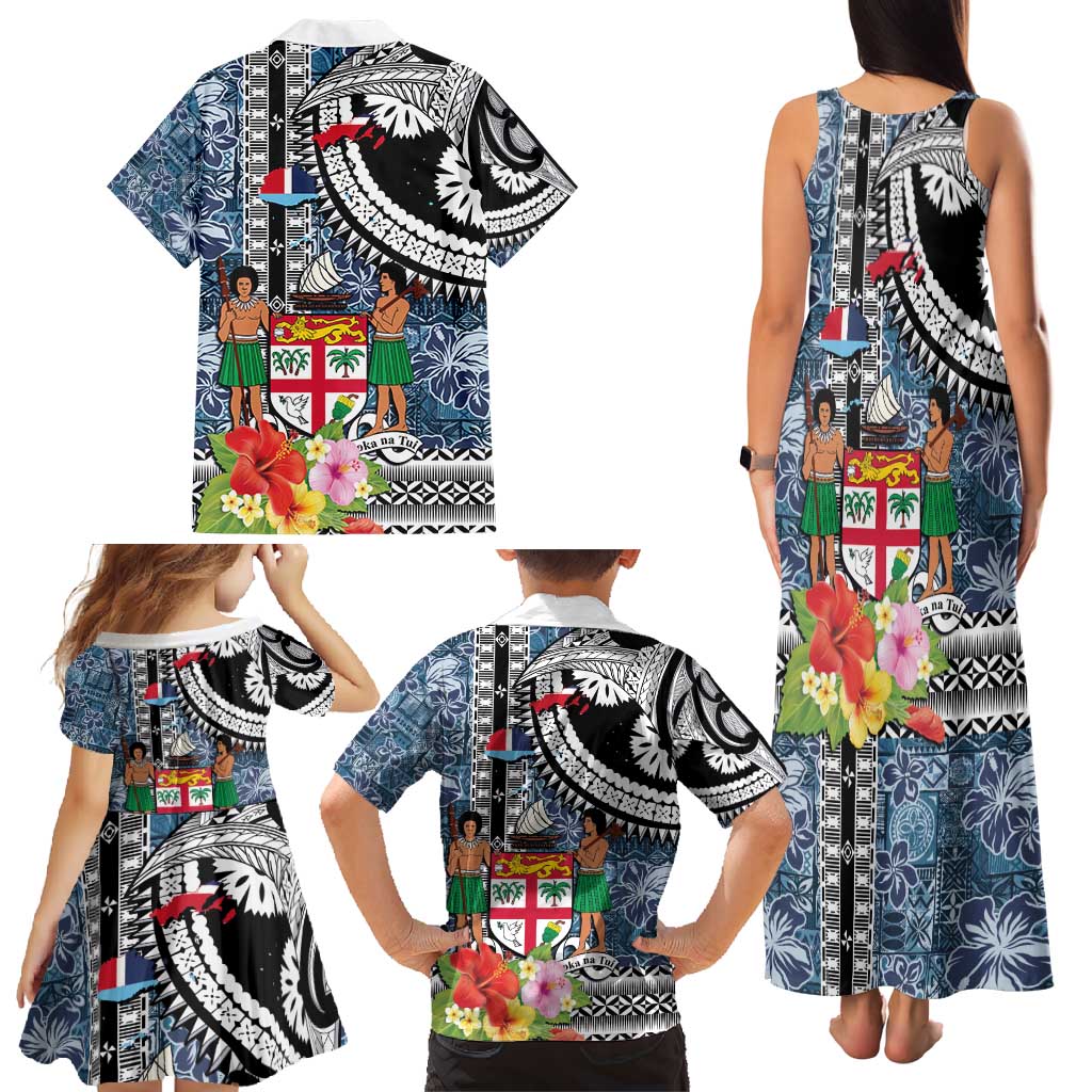 Fiji Day Family Matching Tank Maxi Dress and Hawaiian Shirt Traditional Tapa with Hibiscus and Emblems LT03 - Polynesian Pride