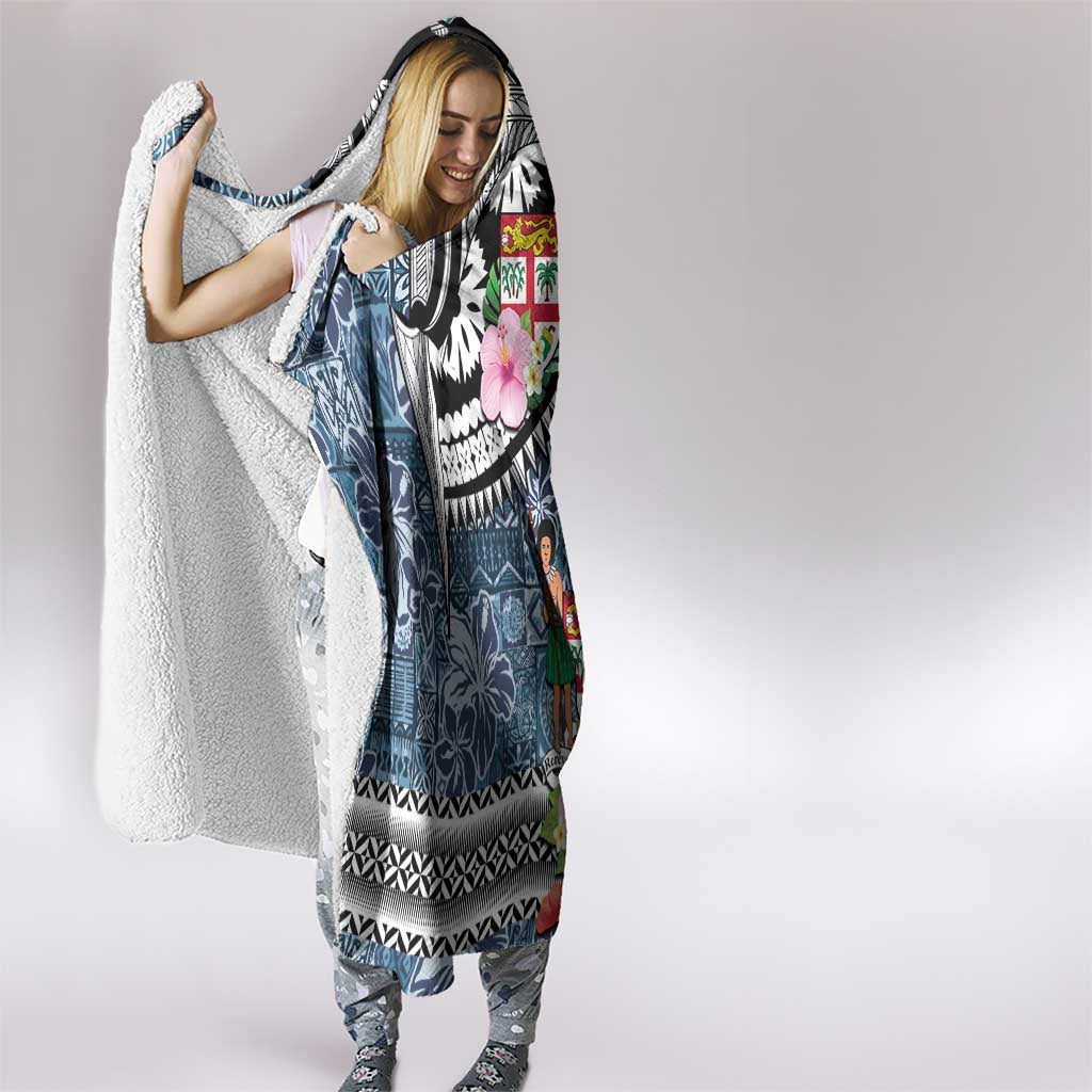 Fiji Day Hooded Blanket Traditional Tapa with Hibiscus and Emblems
