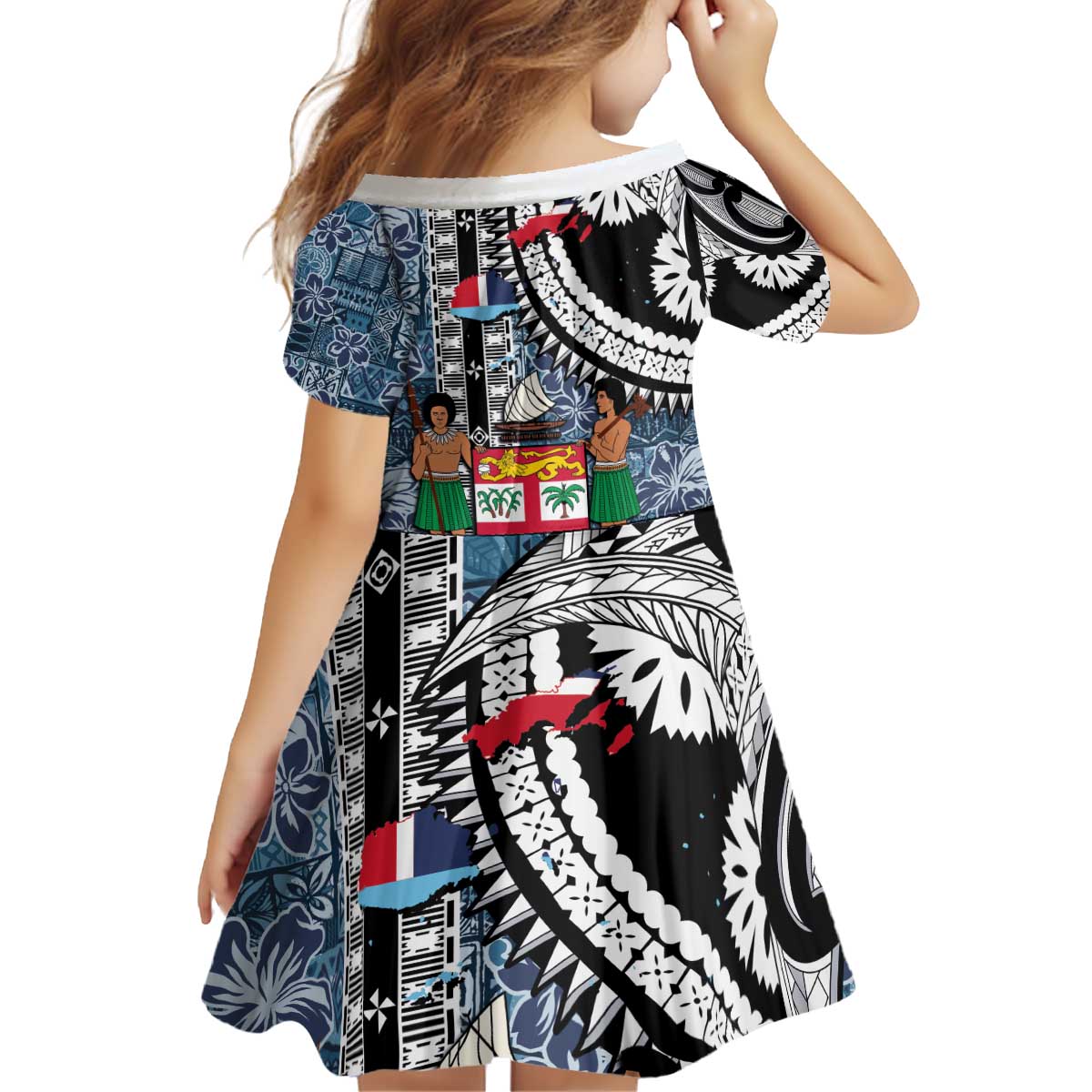 Fiji Day Kid Short Sleeve Dress Traditional Tapa with Hibiscus and Emblems