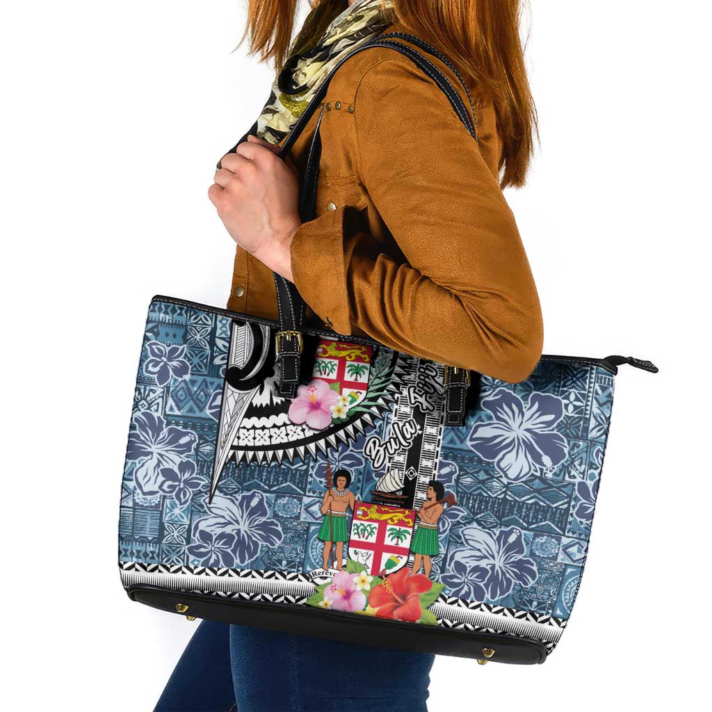 Fiji Day Leather Tote Bag Traditional Tapa with Hibiscus and Emblems LT03 - Polynesian Pride