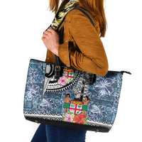 Fiji Day Leather Tote Bag Traditional Tapa with Hibiscus and Emblems LT03 - Polynesian Pride