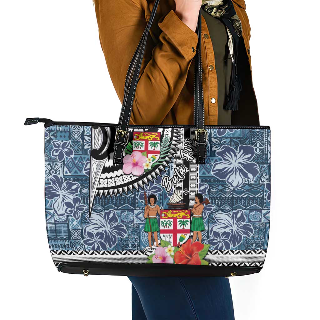 Fiji Day Leather Tote Bag Traditional Tapa with Hibiscus and Emblems LT03 - Polynesian Pride