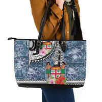 Fiji Day Leather Tote Bag Traditional Tapa with Hibiscus and Emblems LT03 - Polynesian Pride