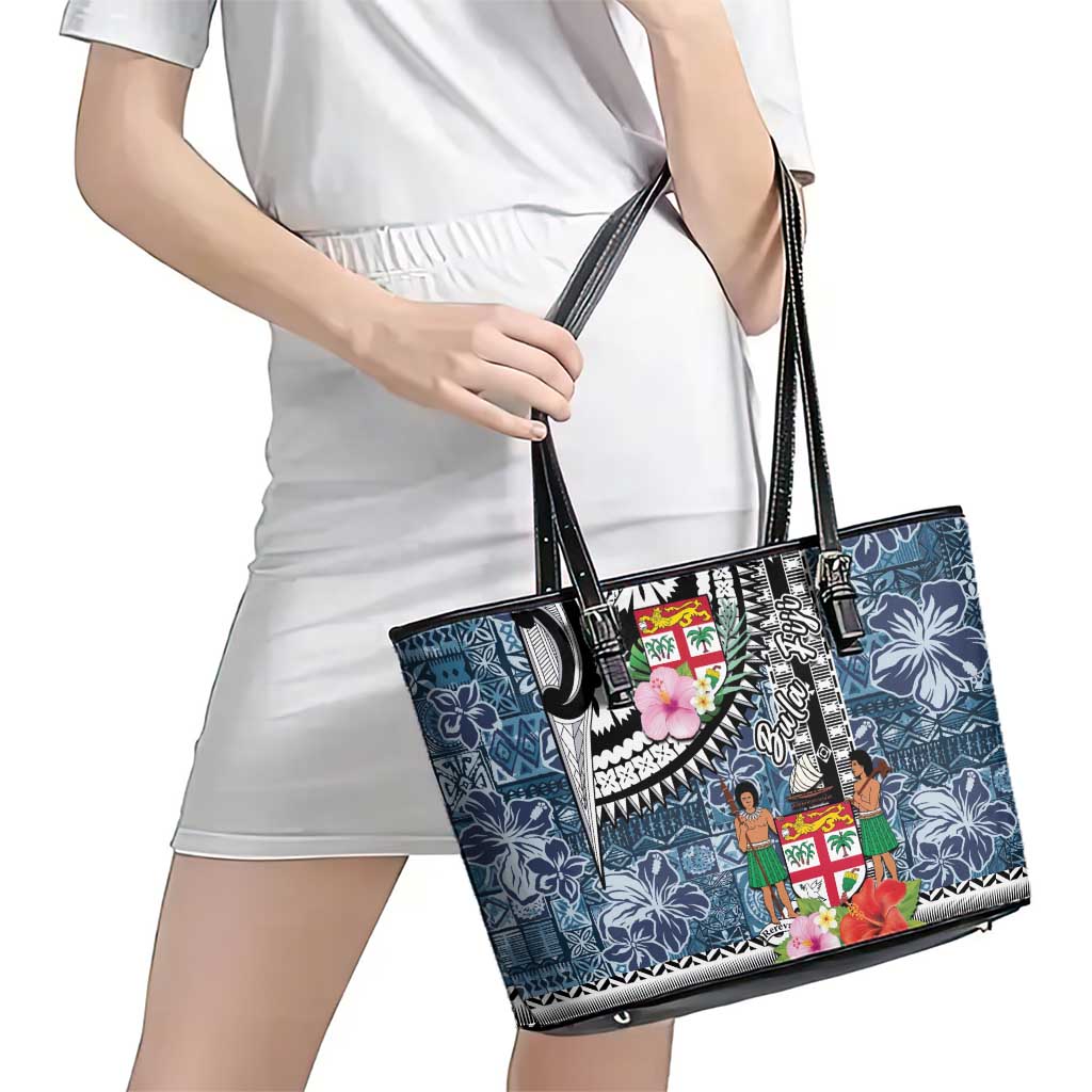 Fiji Day Leather Tote Bag Traditional Tapa with Hibiscus and Emblems LT03 - Polynesian Pride