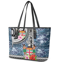 Fiji Day Leather Tote Bag Traditional Tapa with Hibiscus and Emblems LT03 - Polynesian Pride