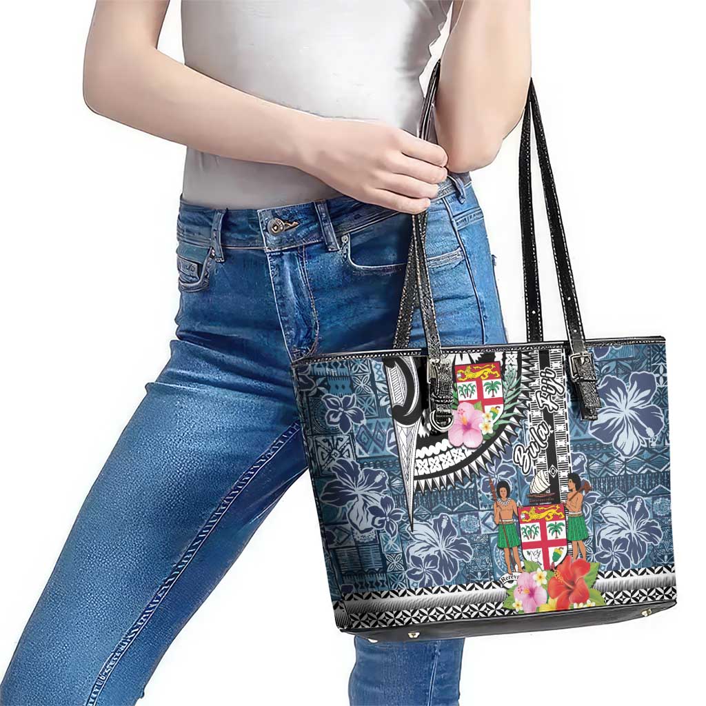Fiji Day Leather Tote Bag Traditional Tapa with Hibiscus and Emblems LT03 - Polynesian Pride