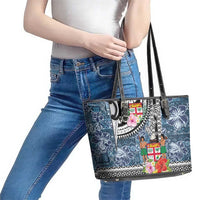 Fiji Day Leather Tote Bag Traditional Tapa with Hibiscus and Emblems LT03 - Polynesian Pride