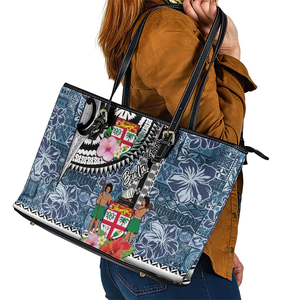 Fiji Day Leather Tote Bag Traditional Tapa with Hibiscus and Emblems LT03 - Polynesian Pride