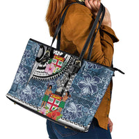 Fiji Day Leather Tote Bag Traditional Tapa with Hibiscus and Emblems LT03 - Polynesian Pride