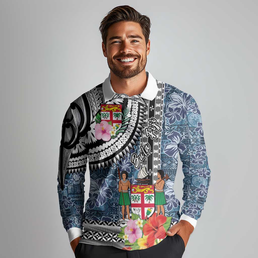 Fiji Day Long Sleeve Polo Shirt Traditional Tapa with Hibiscus and Emblems