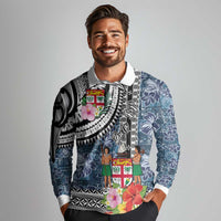 Fiji Day Long Sleeve Polo Shirt Traditional Tapa with Hibiscus and Emblems