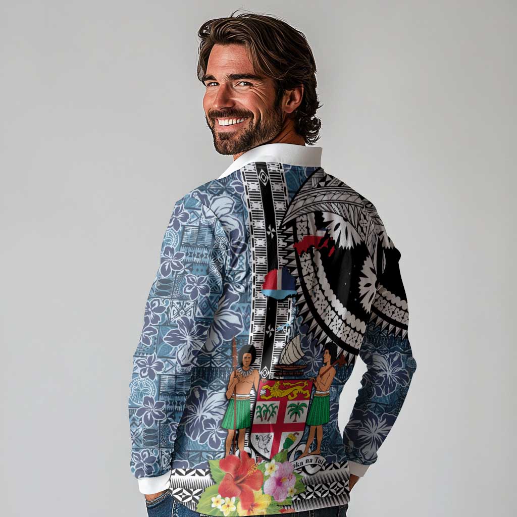 Fiji Day Long Sleeve Polo Shirt Traditional Tapa with Hibiscus and Emblems
