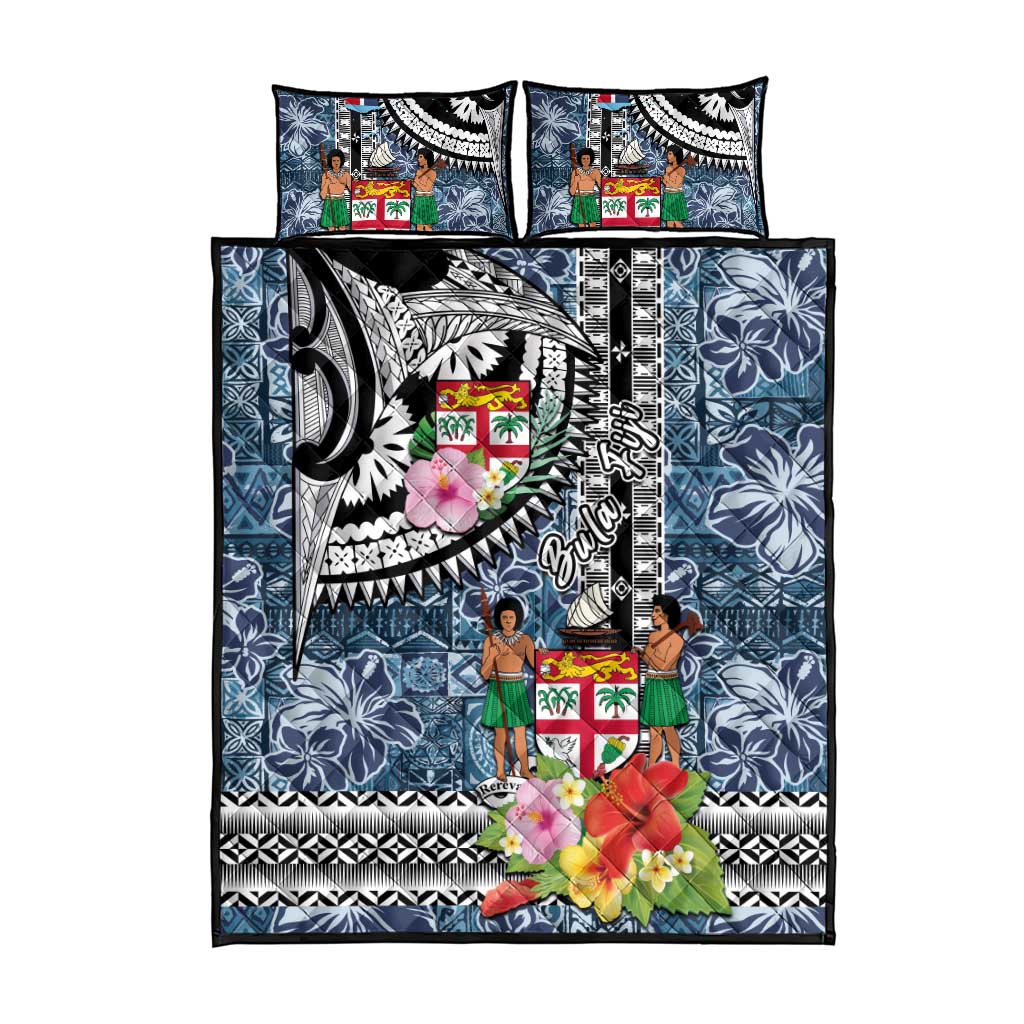 Fiji Day Quilt Bed Set Traditional Tapa with Hibiscus and Emblems