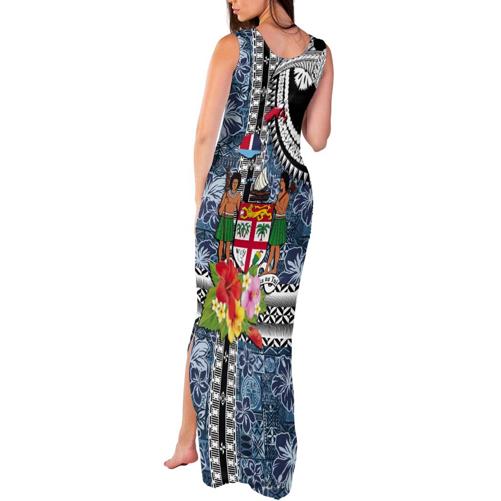 Fiji Day Tank Maxi Dress Traditional Tapa with Hibiscus and Emblems