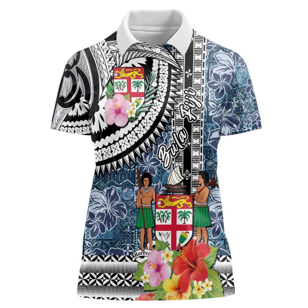 Fiji Day Women Polo Shirt Traditional Tapa with Hibiscus and Emblems