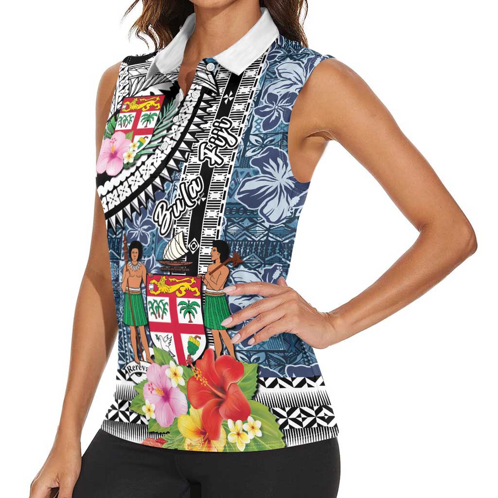 Fiji Day Women Sleeveless Polo Shirt Traditional Tapa with Hibiscus and Emblems
