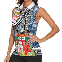 Fiji Day Women Sleeveless Polo Shirt Traditional Tapa with Hibiscus and Emblems