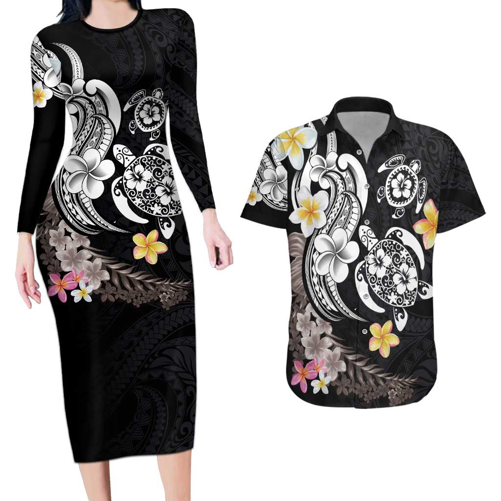 Hawaiian Tropical Plumeria Turtles Couples Matching Long Sleeve Bodycon Dress and Hawaiian Shirt Polynesian Art Tattoo