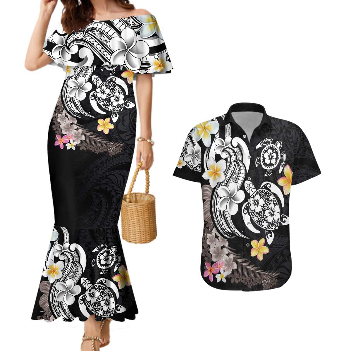Hawaiian Tropical Plumeria Turtles Couples Matching Mermaid Dress and Hawaiian Shirt Polynesian Art Tattoo