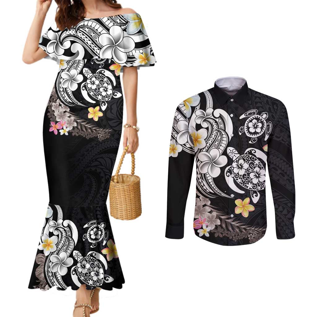 Hawaiian Tropical Plumeria Turtles Couples Matching Mermaid Dress and Long Sleeve Button Shirt Polynesian Art Tattoo