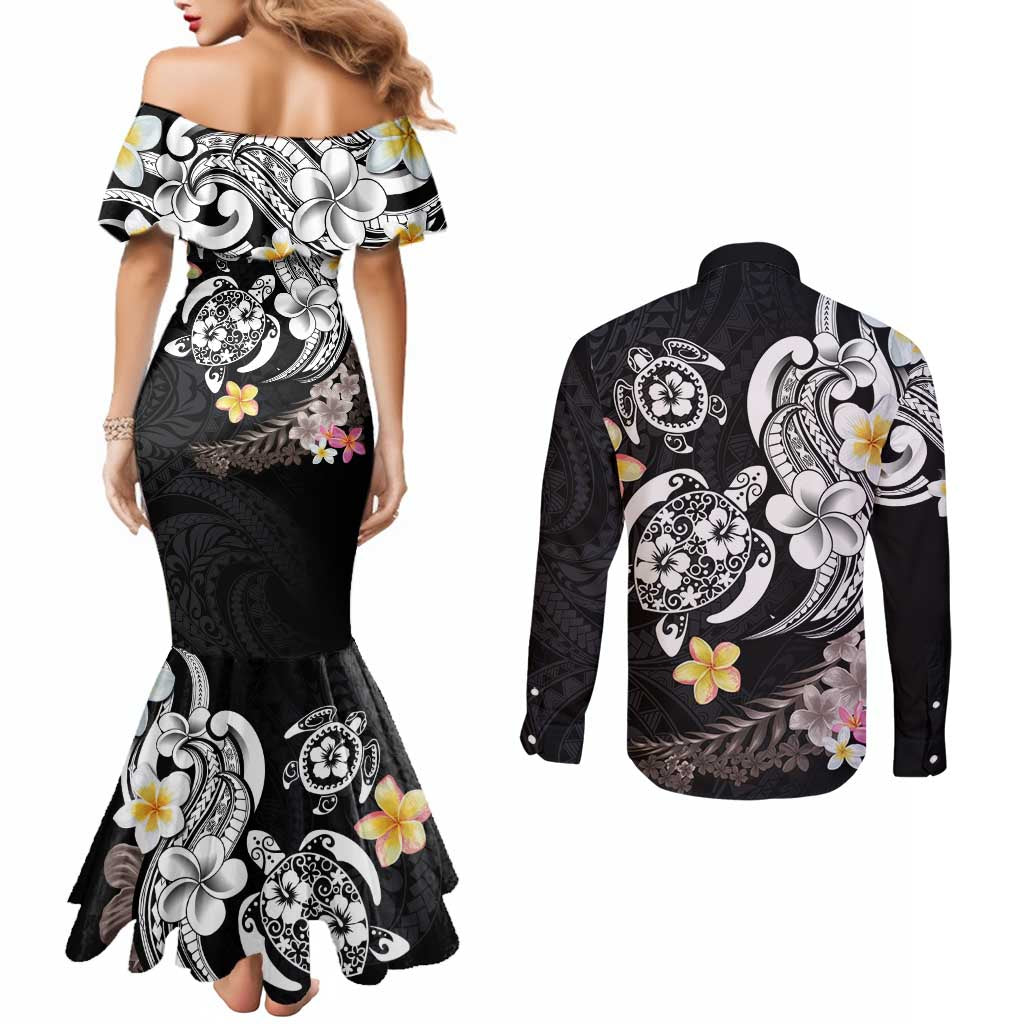 Hawaiian Tropical Plumeria Turtles Couples Matching Mermaid Dress and Long Sleeve Button Shirt Polynesian Art Tattoo