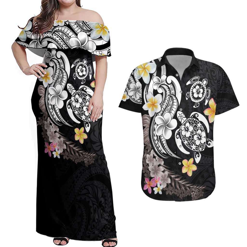 Hawaiian Tropical Plumeria Turtles Couples Matching Off Shoulder Maxi Dress and Hawaiian Shirt Polynesian Art Tattoo