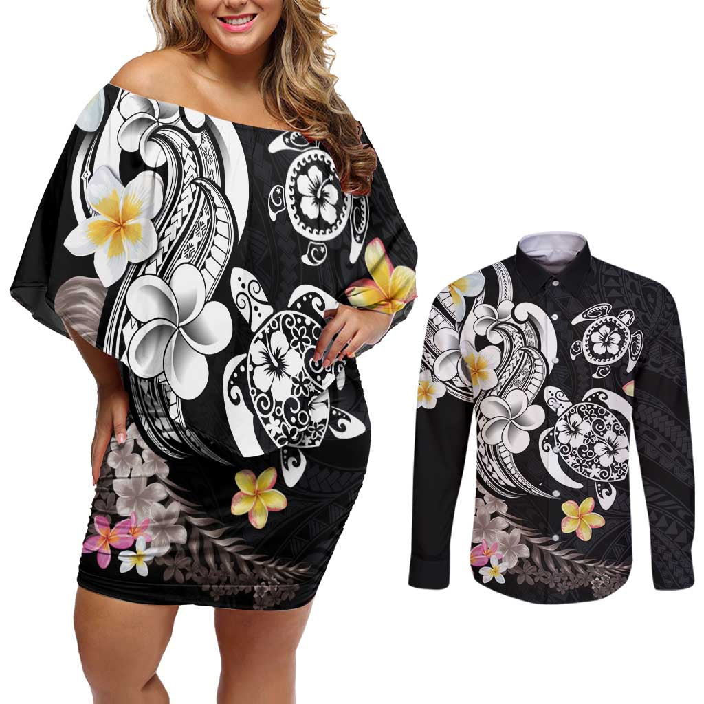 Hawaiian Tropical Plumeria Turtles Couples Matching Off Shoulder Short Dress and Long Sleeve Button Shirt Polynesian Art Tattoo