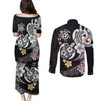 Hawaiian Tropical Plumeria Turtles Couples Matching Puletasi and Long Sleeve Button Shirt Polynesian Art Tattoo LT03 - Polynesian Pride
