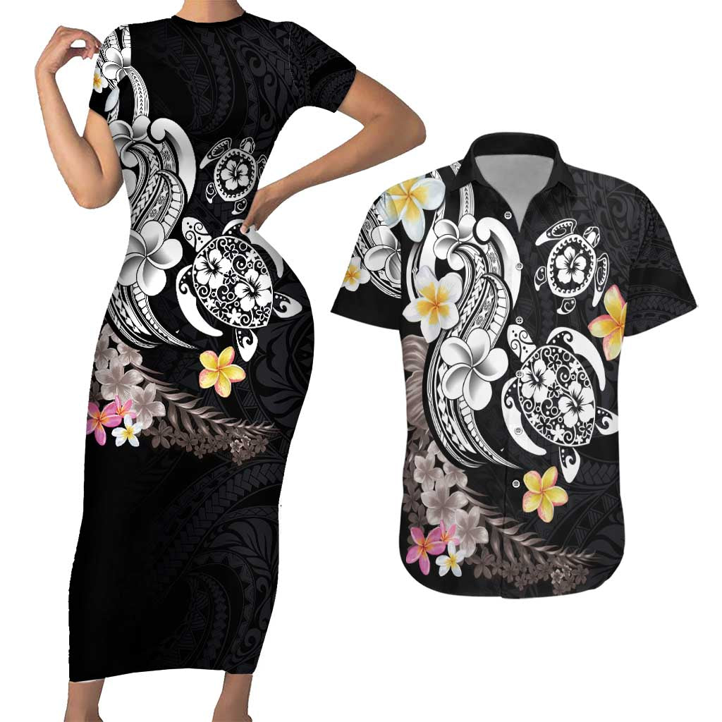 Hawaiian Tropical Plumeria Turtles Couples Matching Short Sleeve Bodycon Dress and Hawaiian Shirt Polynesian Art Tattoo