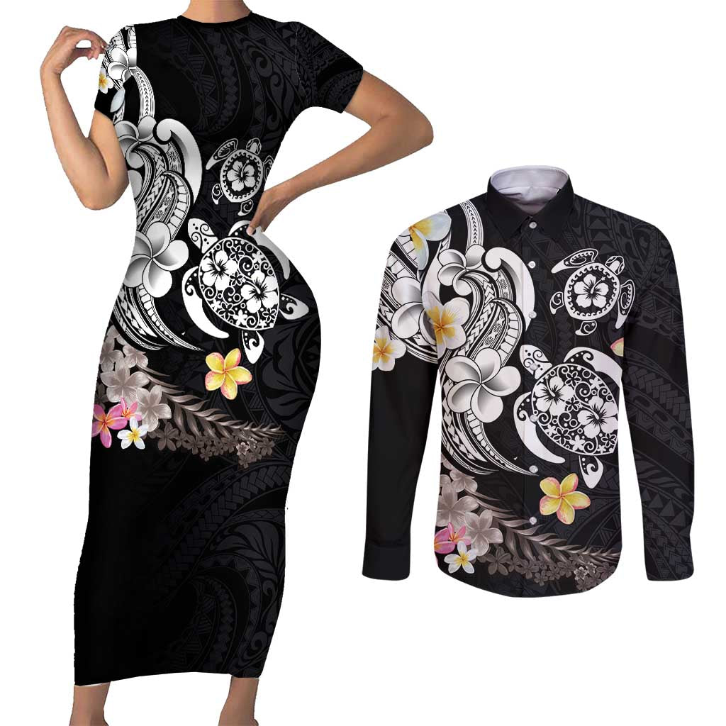 Hawaiian Tropical Plumeria Turtles Couples Matching Short Sleeve Bodycon Dress and Long Sleeve Button Shirt Polynesian Art Tattoo