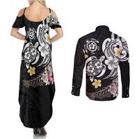 Hawaiian Tropical Plumeria Turtles Couples Matching Summer Maxi Dress and Long Sleeve Button Shirt Polynesian Art Tattoo