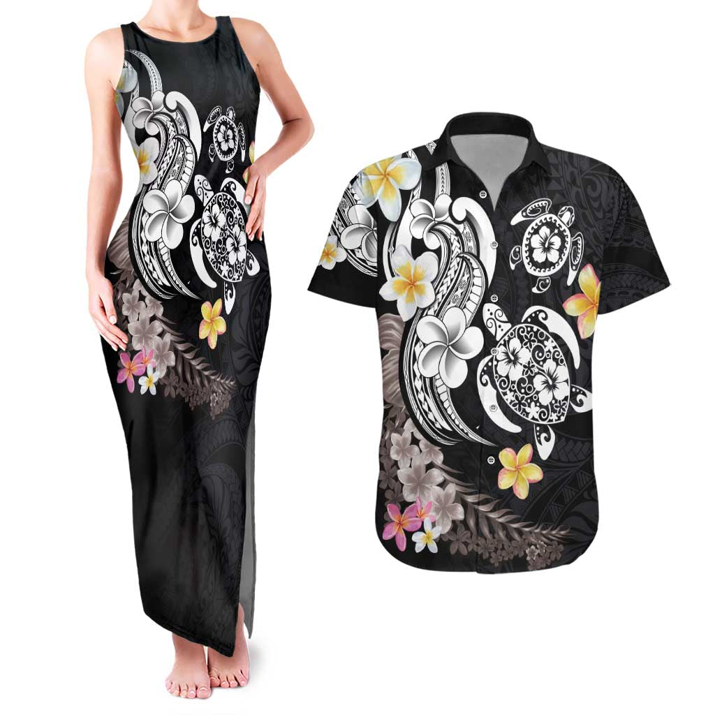 Hawaiian Tropical Plumeria Turtles Couples Matching Tank Maxi Dress and Hawaiian Shirt Polynesian Art Tattoo