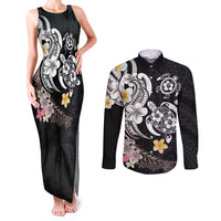 Hawaiian Tropical Plumeria Turtles Couples Matching Tank Maxi Dress and Long Sleeve Button Shirt Polynesian Art Tattoo