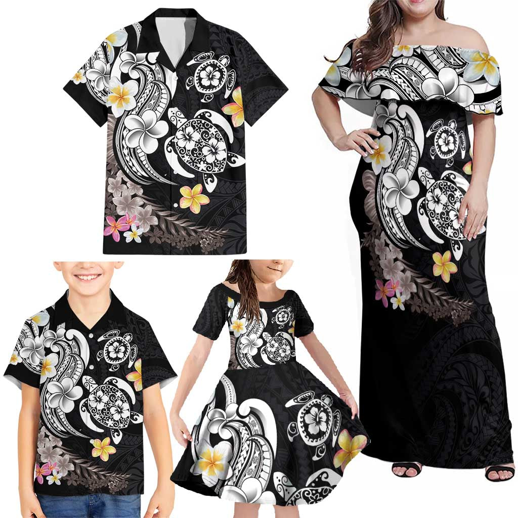Hawaiian Tropical Plumeria Turtles Family Matching Off Shoulder Maxi Dress and Hawaiian Shirt Polynesian Art Tattoo