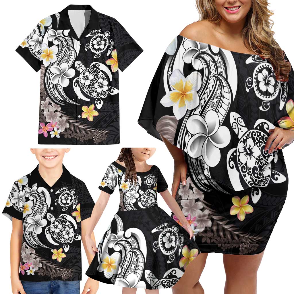 Hawaiian Tropical Plumeria Turtles Family Matching Off Shoulder Short Dress and Hawaiian Shirt Polynesian Art Tattoo