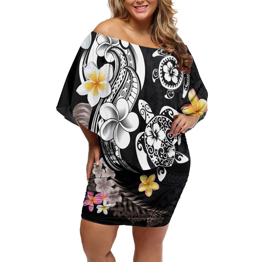 Hawaiian Tropical Plumeria Turtles Family Matching Off Shoulder Short Dress and Hawaiian Shirt Polynesian Art Tattoo