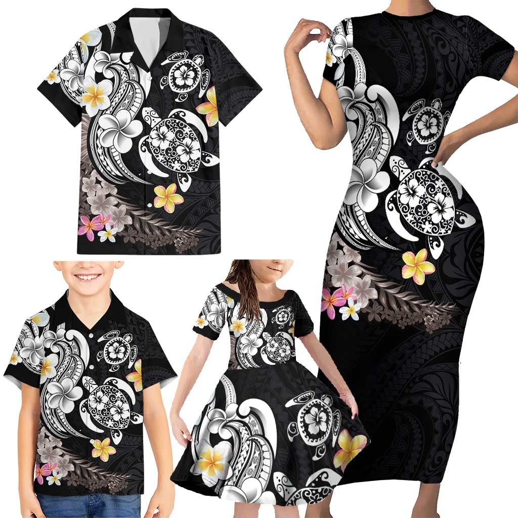 Hawaiian Tropical Plumeria Turtles Family Matching Short Sleeve Bodycon Dress and Hawaiian Shirt Polynesian Art Tattoo