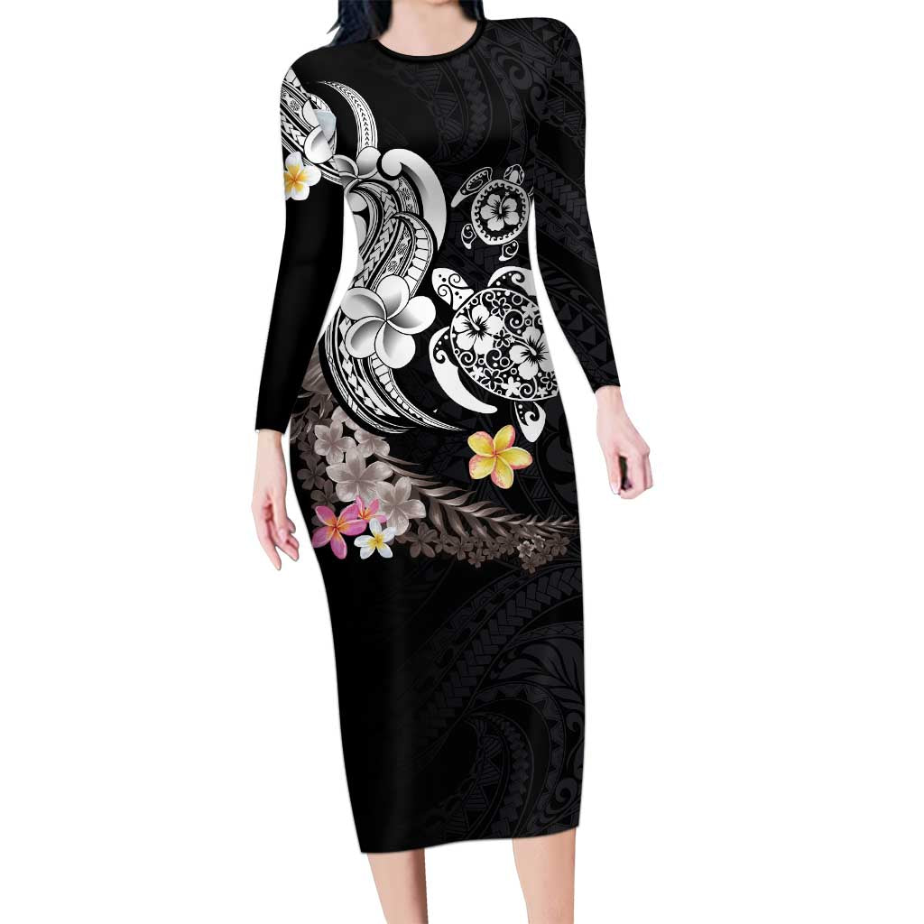 Hawaiian Tropical Plumeria Turtles Long Sleeve Bodycon Dress Polynesian Art Tattoo