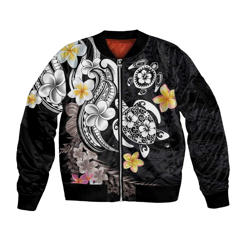 Hawaiian Tropical Plumeria Turtles Sleeve Zip Bomber Jacket Polynesian Art Tattoo LT03 Unisex - Polynesian Pride